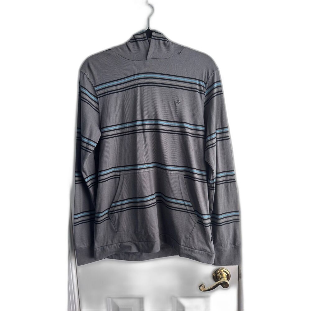 Volcom Lucas Hood LS Mens Small Gray Striped Hooded Shirt NWT Flaw